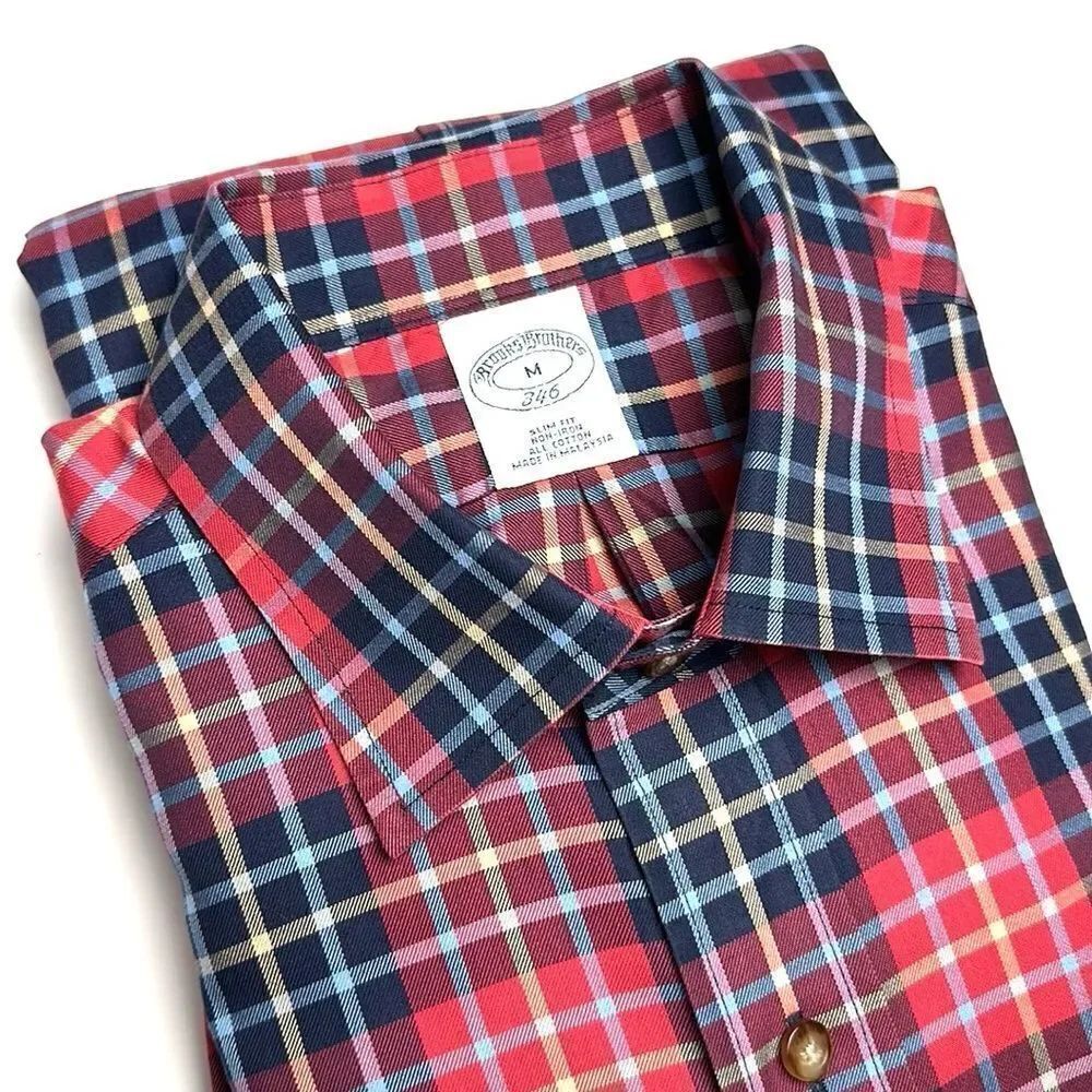 Brooks Brothers Cotton Slim Fit Button Down Casual Shirt Red Blue Plaid M